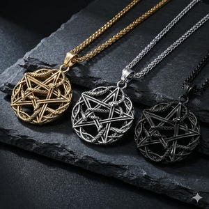 Intertwined Snake Pentagram Necklace in Stainless Steel, Gothic Serpent Pentacle Pendant, Pagan Wiccan Occult Amulet Jewelry