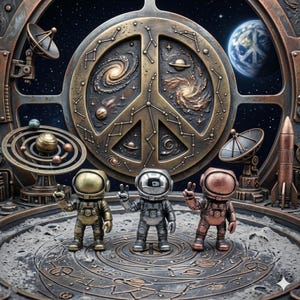 May include: Three astronaut figurines in gold, silver, and copper tones stand on a circular platform with a peace sign and a galaxy backdrop. The peace sign is integrated with a cosmic design, and a model of the solar system is also visible.