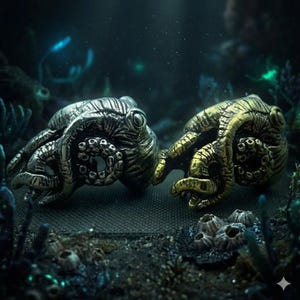 May include: Two detailed octopus-shaped rings. One ring is silver-toned, the other is gold-toned. The rings have textured surfaces and are set against a dark, underwater-themed background with coral and aquatic plants.