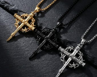 Dornenkrone & Nagel-Kreuz-Halskette - religiöser Anhänger des Mannes - christliche Schmuckkasten-Kette: Edelstahl 18K Gold, Silber oder Schwarz