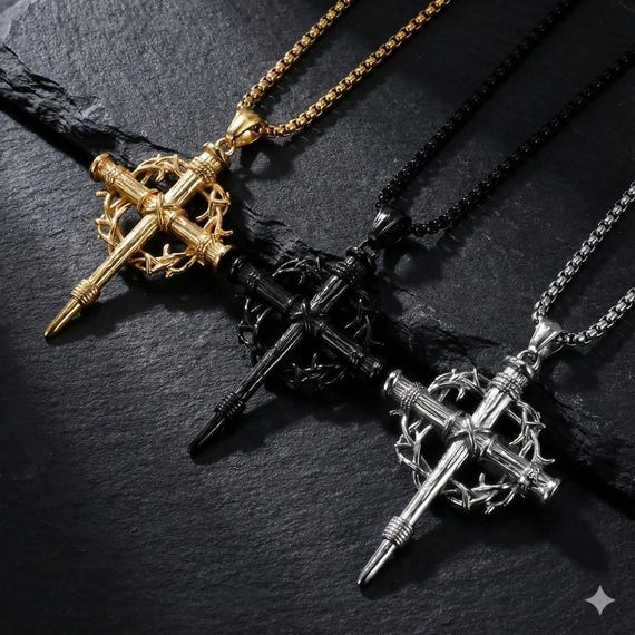 Crown of Thorns & Nail Cross Necklace - Men's Religious Pendant