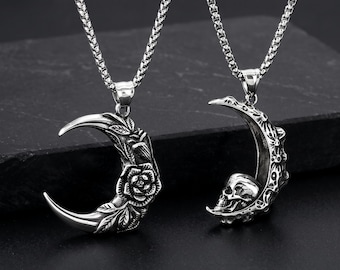 Collar con colgante de luna creciente celestial, calavera o rosa, joyería botánica de estilo gótico romántico, regalo alternativo de estilo brujo, acero inoxidable.