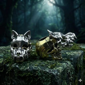 Puede incluir: Dos anillos metálicos con diseños detallados. Un anillo es plateado y tiene forma de cabeza de lobo. El otro anillo es dorado y tiene forma de calavera con un adorno de dragón. Los anillos se exhiben sobre una roca musgosa.