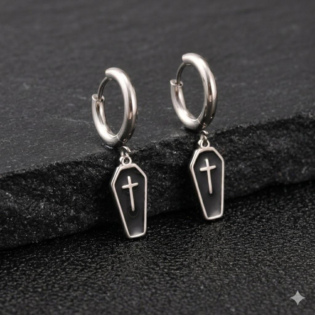 Silver Coffin Cross Dangle Hoop Earring, Goth Jewelry, Grunge Alternative Accessory, Edgy Men's Women's Single Earring, Halloween Gift