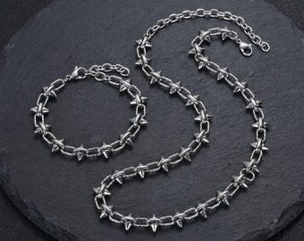 Cadena de eslabones con pinchos de plata, collar o pulsera con espinas vanguardistas, joyería punk de acero y titanio, accesorios góticos industriales/regalo para él y ella