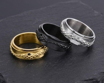 Anillo giratorio de serpiente de acero inoxidable - Pulsera antiestrés para aliviar la ansiedad - Joyería de serpiente - Regalo único para él y ella - Plata, negro y dorado