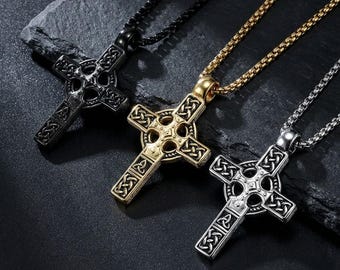 Collar con cruz de nudo celta para hombre, colgante vintage de acero inoxidable, joyería de herencia irlandesa, regalo para él, plata, oro y negro.