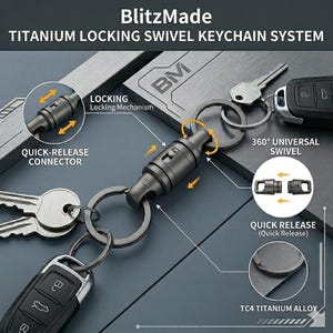 May include: A close-up of a titanium locking swivel keychain system. The keychain features a quick-release connector, a 360-degree universal swivel, and a quick-release mechanism. The text "BlitzMade" and "TITANIUM LOCKING SWIVEL KEYCHAIN SYSTEM" are visible.