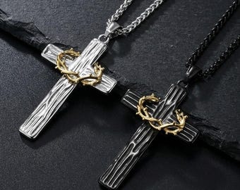Collar de acero inoxidable con cruz y corona de espinas para hombre, colgante de crucifijo con textura de madera, joyería religiosa bicolor, regalo de fe cristiana.