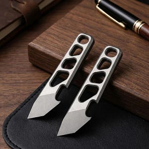 May include: Two silver-colored, small knives with a unique design. Each knife has a pointed blade and a handle with oval cutouts. They are displayed on a dark surface with a leather notebook and pen in the background.