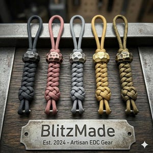 Può includere: Cinque cordini artigianali per EDC in grigio scuro, rosa, argento, oro e verde oliva. Ogni cordino presenta una perlina in metallo strutturato e un cordoncino intrecciato. L'etichetta metallica recita "BlitzMade Est. 2024 - Artisan EDC Gear."