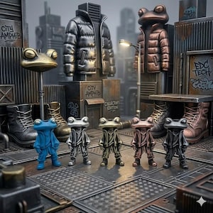 May include: A collection of stylized frog figurines in various metallic finishes, dressed in puffer jackets and streetwear. The scene includes larger frog sculptures and the text "CITY AMPHIB" and "COLLECTOR'S EDITION."