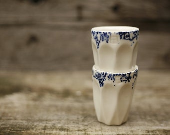 Porcelain espresso cups, set of two. White and cobalt blue.