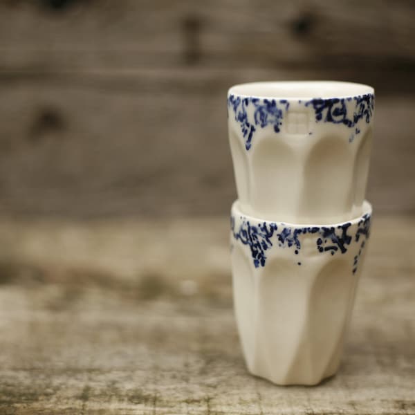 Porcelain espresso cups, set of two. White and cobalt blue.
