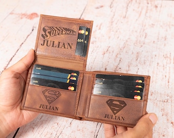 Engraved Superhero Bifold ID Wallet, Custom Ironman Leather Card Holder with Money Pocket, Personalized Gift for Groomsmen, Husband or Son