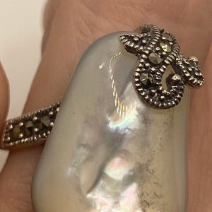 Marcasite Mother of Pearl Cocktail Ring in 925 Sterling Silver Size 7 Vintage Handmade