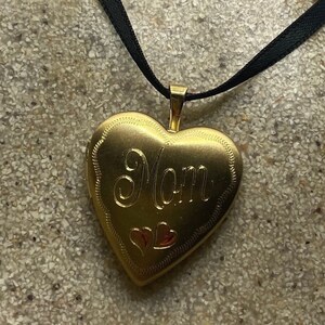 Vintage Gold Locket Tiny Heart 9k Gold Filled Pendant Photo Memory Charm Engraved Mom Hearts Choker Necklace image 2