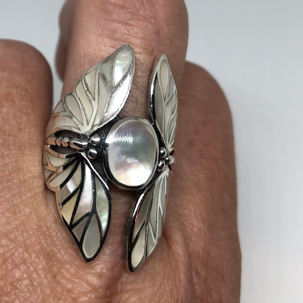 Antique Deco Mother of Pearl Lunar Moth 925 Sterling Silver Ring