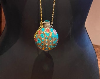 perfume oil bronze bottle handmade vintage mosaic gemstone pendant necklace