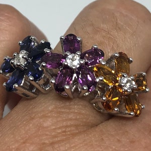 Vintage Mixed Genuine Gemstones 925 Sterling Silver  Ring