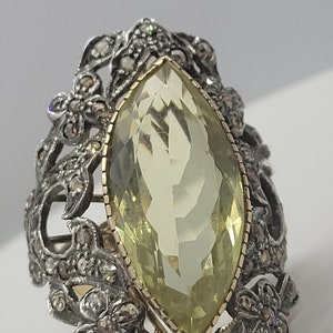 Vintage Lemon Quartz with Diamond in 925 Sterling Silver and 18k Gold Ring with Genuine Lemon Quartz with Diamond