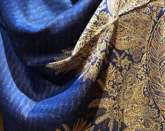 Vintage Royal Blue Paisley Brocade Pashmina Scarf Wrap Shawl