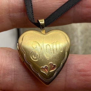 Vintage Gold Locket Tiny Heart 9k Gold Filled Pendant Photo Memory Charm Engraved Mom Hearts Choker Necklace image 1