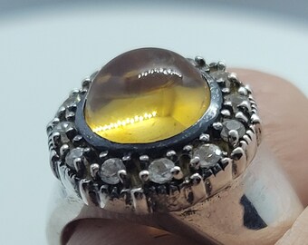 Vintage Yellow Citrine Ring with White Sapphires set in 925 Sterling Silver