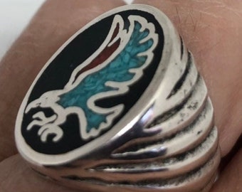 Bague faucon pour hommes, amérindienne du sud-ouest des États-Unis, incrustation turquoise, incrustations vintage