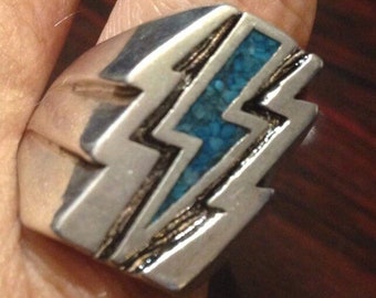 Vintage Southwestern Turquoise Inlay Lighting Bolt Men's Ring