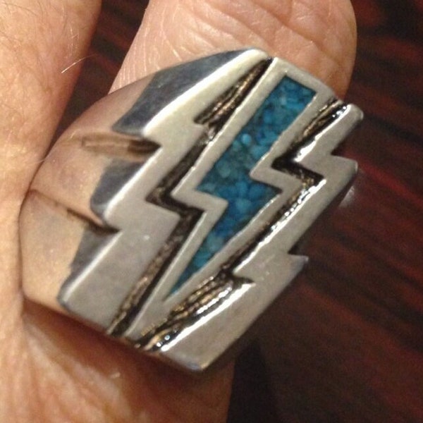 Vintage Southwestern Turquoise Inlay Lighting Bolt Men's Ring