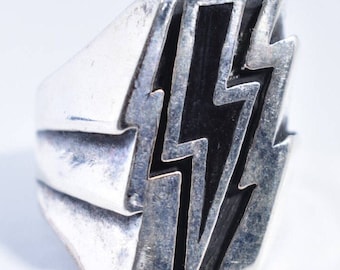 Vintage Southwestern Black Inlay Lighting Bolt Mens Biker Ring