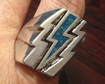 Vintage Southwestern Genuine Turquoise Inlay Lighting Bolt Mens Ring