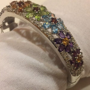 Genuine Blue Topaz Mixed Gemstone Flower 925 Sterling Silver Bangle Bracelet