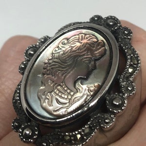 Antique White Mother of Pearl Cameo Marcasite Filigree Ring Size 8