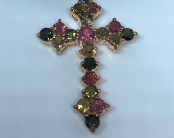 Vintage 925 Sterling Silver Mixed Color Tourmaline Cross Pendant