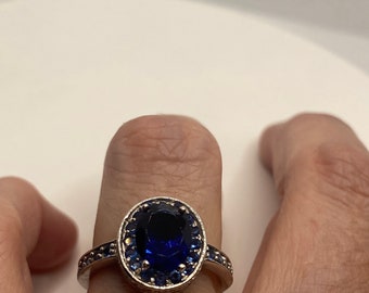 Vintage Blue Sapphire 925 Sterling Silver Ring Size 7