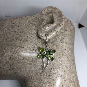 Antique Vintage Green Peridot Dragonfly Silver Dangle Earrings