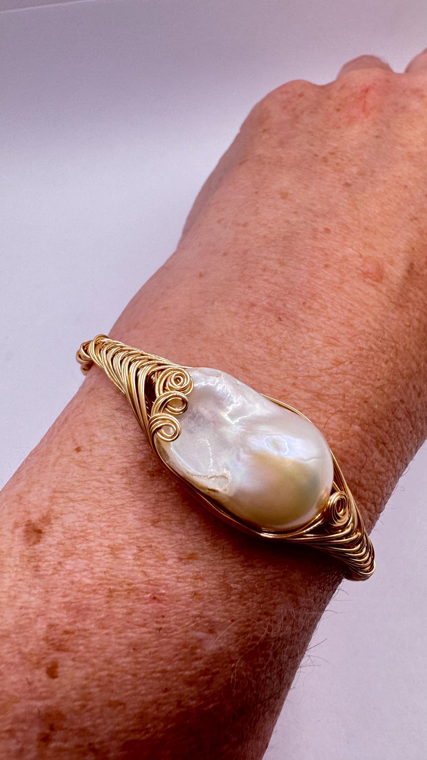 Vintage Pearl Cuff Bangle Bracelet Gold 925 Sterling Silver Hand Made
