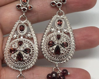Vintage 925 Sterling Silver Bohemian Garnet Dangle Chandelier Earrings