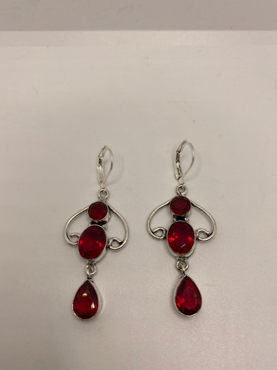 Antique Vintage Red Ruby Glass Silver Dangle Earr… - image 6