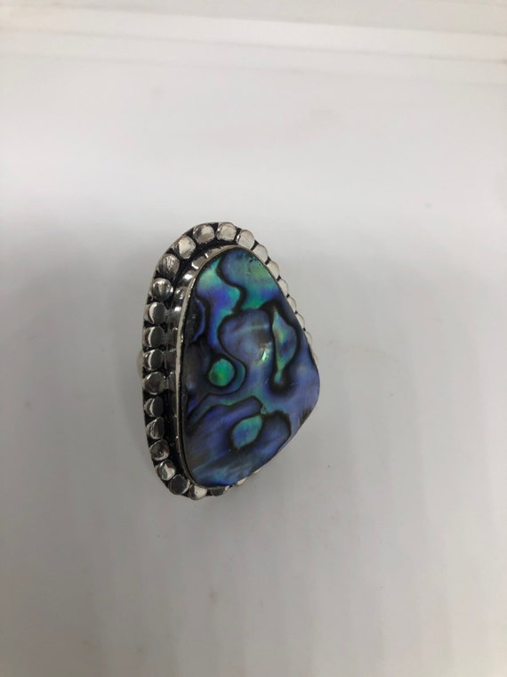 Antique Green Abalone White Bronze Silver Ring - image 3