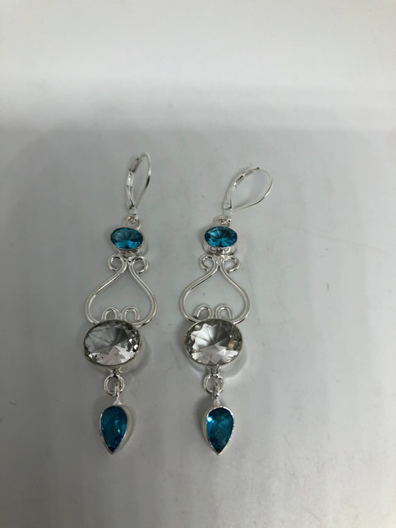 Vintage Silver Earrings | Blue and White Topaz Ge… - image 4