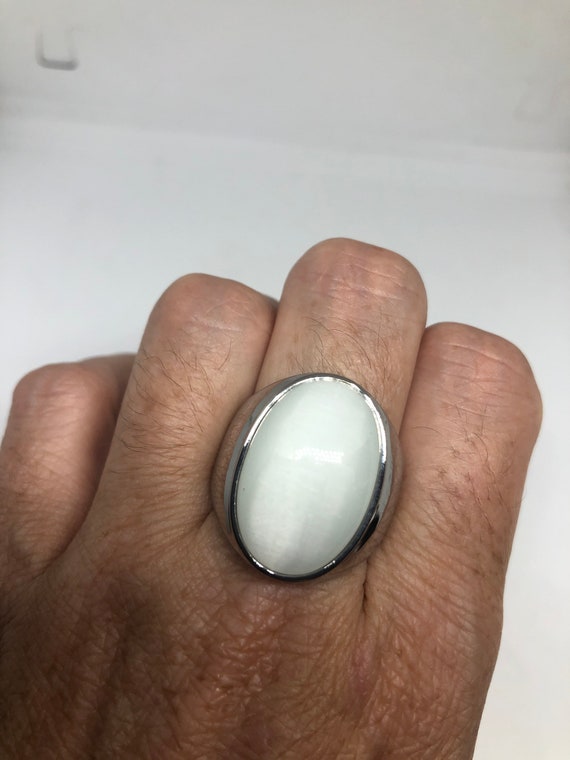 Vintage White Cats Eye Glass Mens Ring Stainless … - image 3