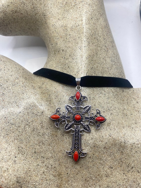 Vintage Red Coral  Cross Choker Black Velvet Neckl