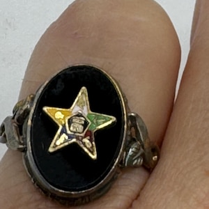 Vintage Lucky Eastern Star Free Mason Ring Gold Filled Enameled with crystal