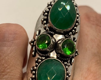 Vintage Raw Green Emerald White Bronze Silver Cocktail Ring Size 7