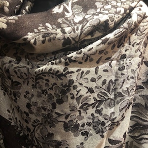 Vintage Brown White Silver Flower Brocade Pashmina Scarf Wrap