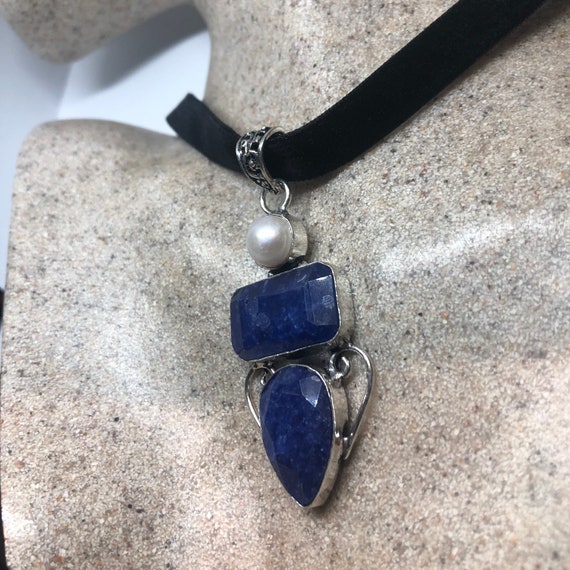 Vintage Raw Blue Sapphire and Pearl Choker Pendant - image 6