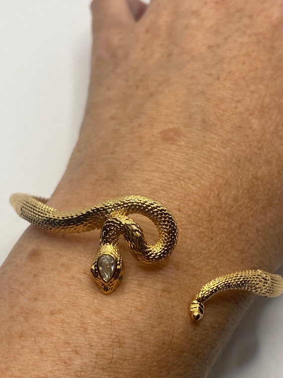 Vintage Snake Bangle Bracelet Gold Filled Green C… - image 2